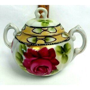 Vtg Japan Moriage Porcelain Sugar Bowl Lidded Double Handle Floral READ Flawed